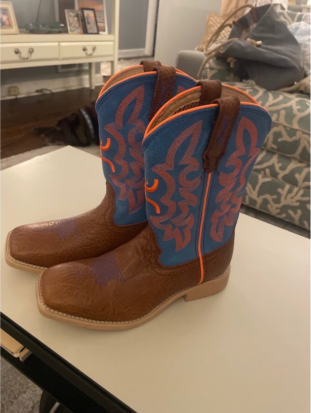 Kids' Western Cowboy Boots Brown and Blue with Orange Accents, Size US 7